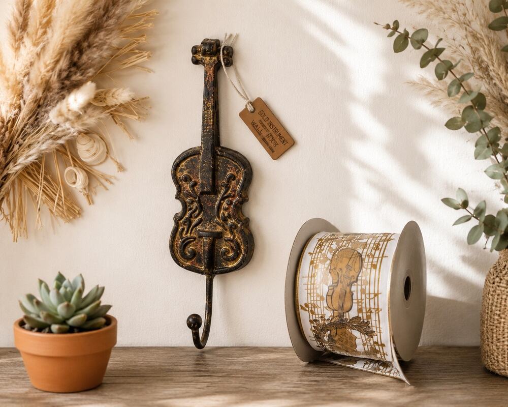 Music Lover Gift Set | Cast Iron Violin Wall Hook & Vintage Orchestra Ribbon